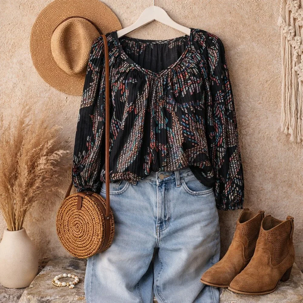 Maeve Anthropologie Top Boho Peasant Blouse Black Abstract SZXS Casual Relaxed